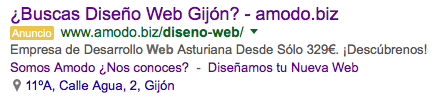 Anuncio en AdWords para Diseño Web Gijón